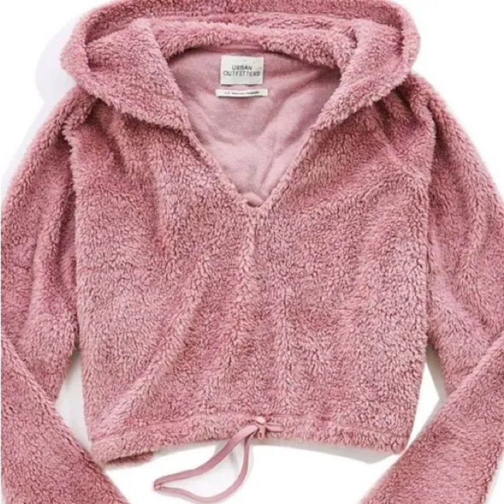 Urban Outfitters Medium Pink Teddy Sweayshirt V-Neck Pullover w/ Drawstring